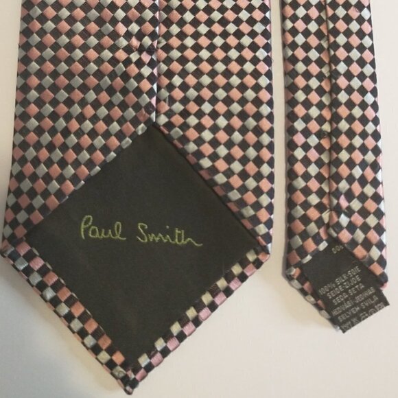 Paul Smith 100% Silk Tie Pink Silver Black Checkered Pattern Necktie - Picture 3 of 5